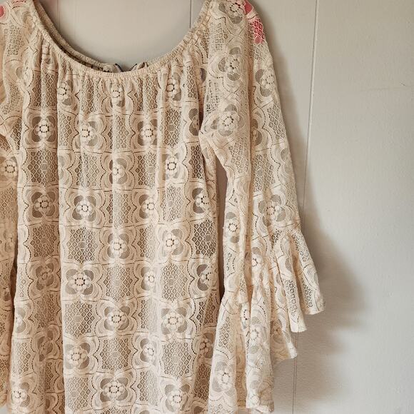 Boho Lace Neutral Western Judith March Bell Sleeve Mini Dress Medium - Picture 4 of 10
